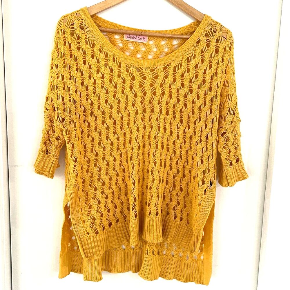 Sketchbook Women's Size M Yellow Crochet Round Neck Sweater Lagenlook Boho EUC